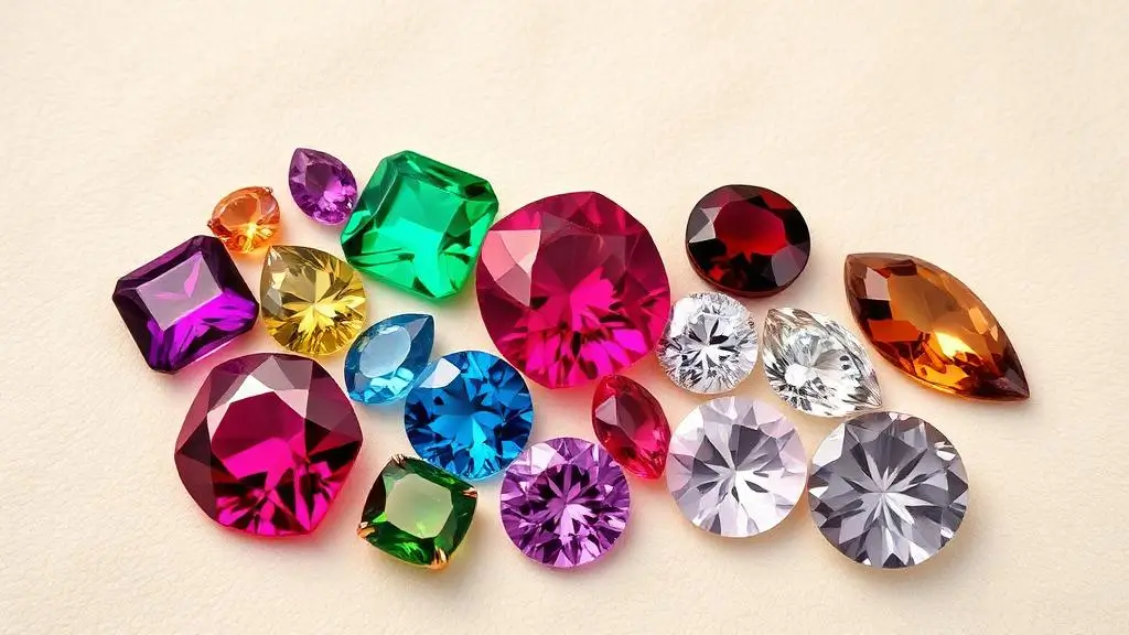 színes drágakövek bézs felületen