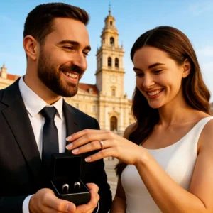 karikagyűrűt viselő nő széles mosollyal és párja